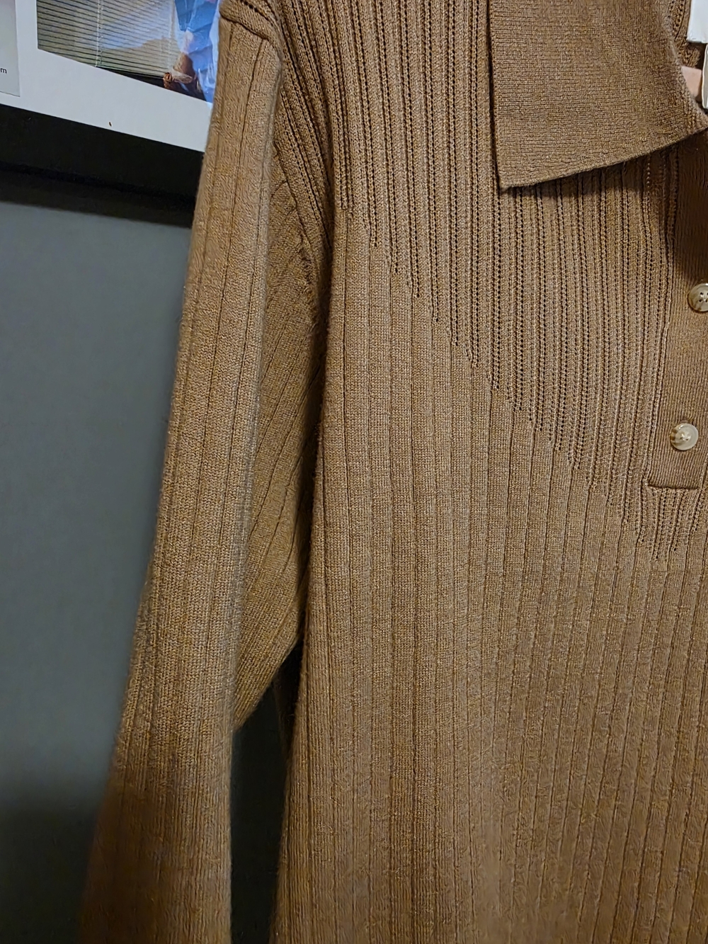 NWT H&M Camel Ribbed Knit Collared Polo Sweater XL | 3/4 Sleeve Capsule Wardrobe - Picture 5 of 12
